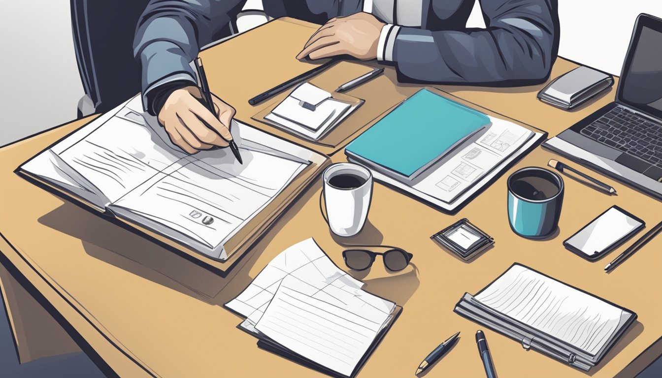 A table with various corporate gifts displayed, a company logo in the background, and a person writing a review on a notepad