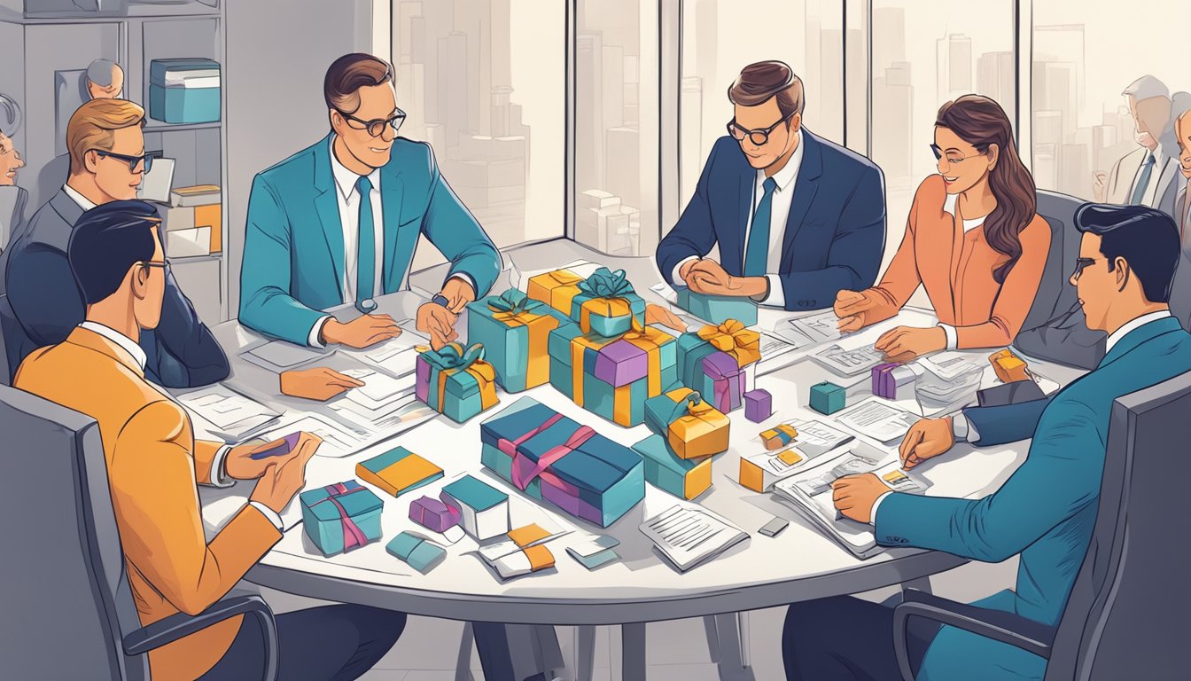 A table adorned with elegant corporate gifts, surrounded by executives discussing pricing and value
