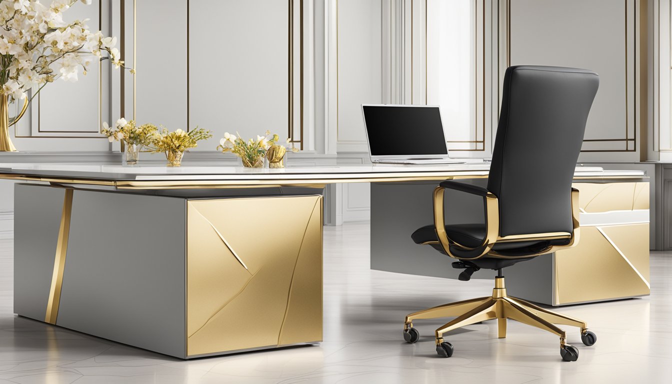 A sleek office desk with Risis Pte Ltd corporate gifts displayed, including gold-plated orchids and intricate jewelry. The company logo is prominently featured in the background