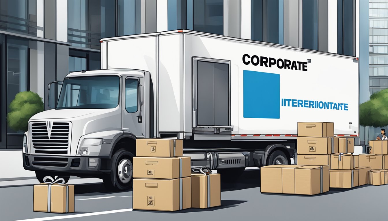 A delivery truck parked outside a corporate office, with packages labeled "Corporate Gifts International Pte Ltd" being unloaded onto a trolley