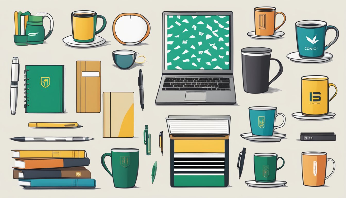 A table displaying a variety of corporate gifts, including pens, mugs, and notebooks, with the Risis Pte Ltd logo prominently featured on each item