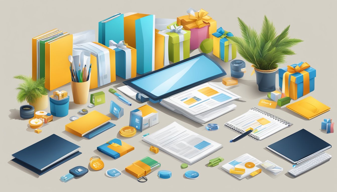A table with a variety of corporate gifts displayed, surrounded by positive customer testimonials and reviews