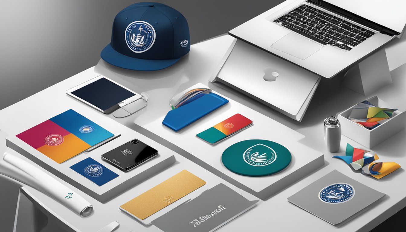 A table covered with various corporate gifts, including branded merchandise and luxury items, with a company logo displayed prominently in the background