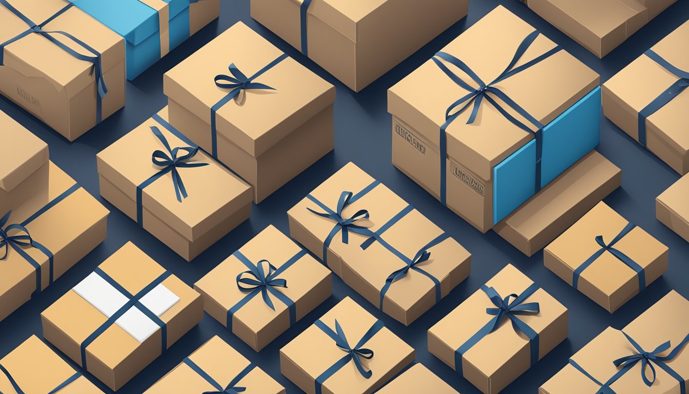 A stack of branded corporate gifts being packed into shipping boxes at the Risis Pte Ltd warehouse