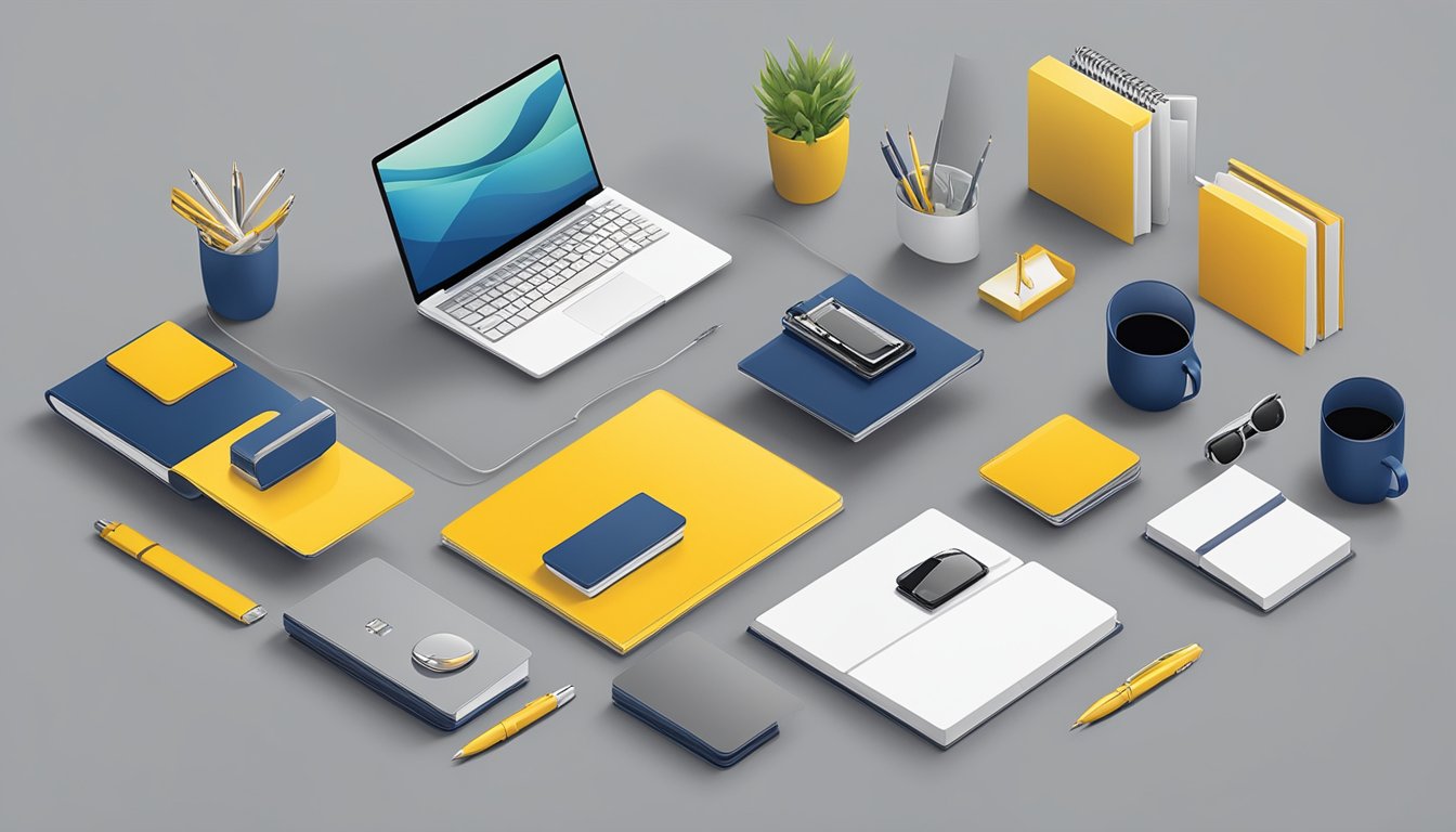 A group of corporate gifts displayed on a sleek, modern table. The gifts range from elegant pens and notebooks to stylish tech accessories. The logo of Customer Service Risis Pte Ltd is prominently featured on each item