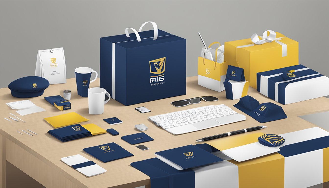 A table with various corporate gifts displayed, including branded items and custom packaging. The Risis Pte Ltd logo is prominently featured