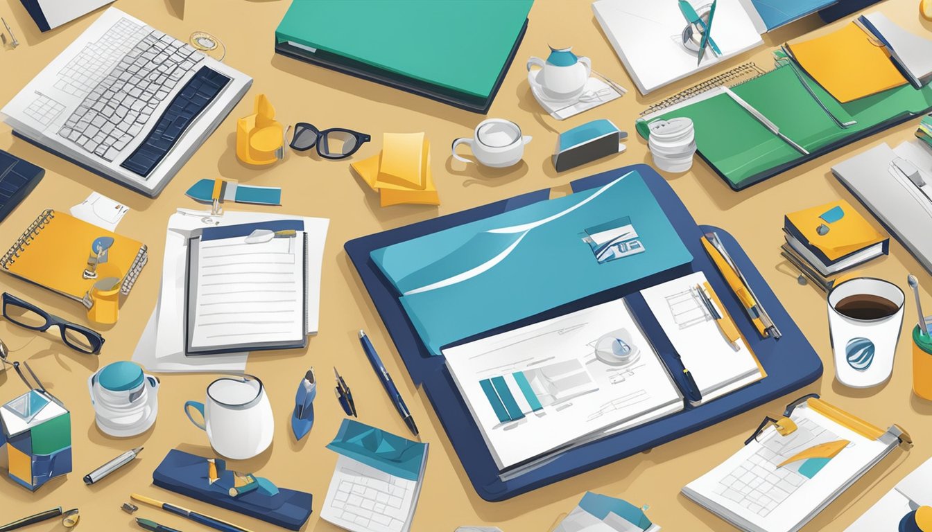 A table with various corporate gifts displayed, logoed products, and a team discussing the items