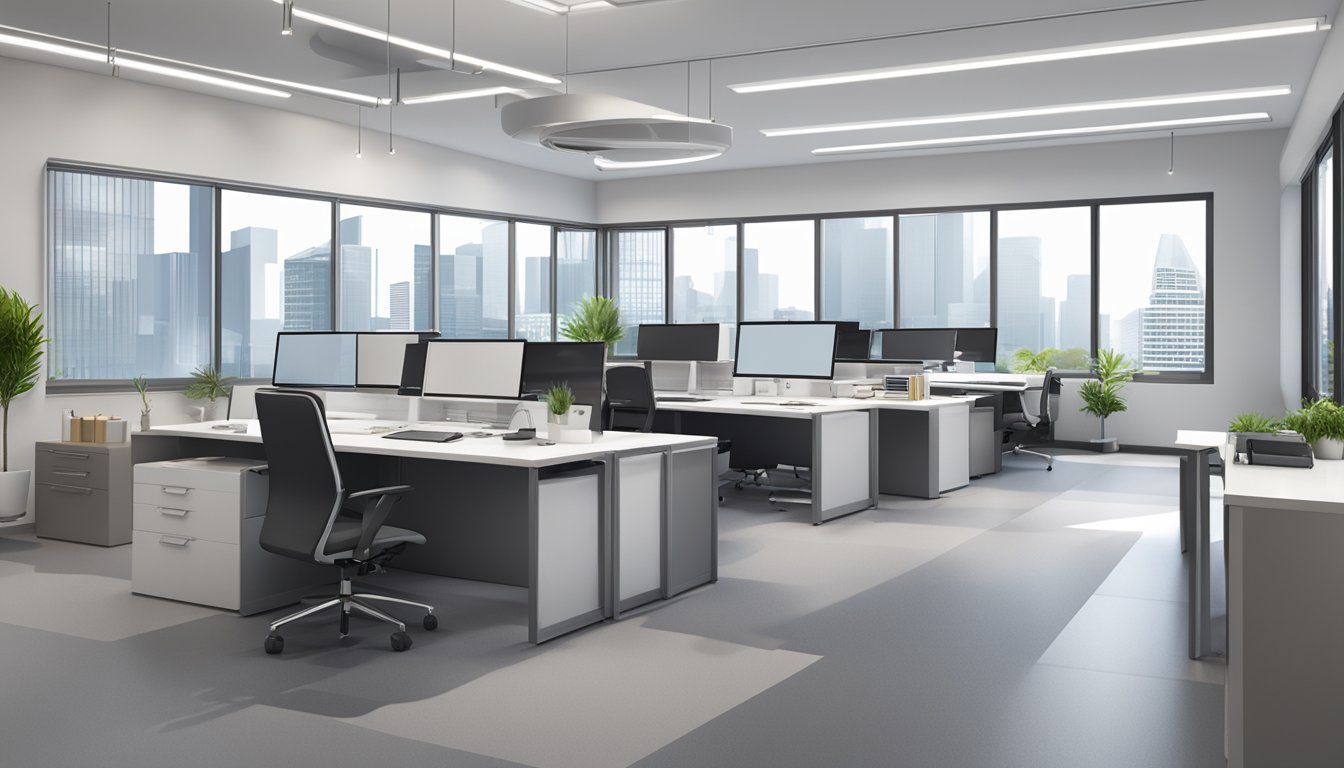 A sleek and modern office setting with the AXXEL MARKETING PTE LTD logo prominently displayed, surrounded by various corporate gifts and promotional items