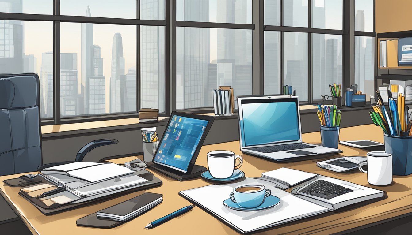 A table displays an array of corporate gifts - pens, mugs, and notebooks. A banner with "AXXEL MARKETING PTE LTD" hangs in the background