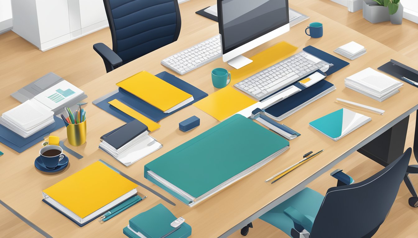 A sleek and modern office desk adorned with high-quality corporate gifts, showcasing AXXEL MARKETING PTE LTD's commitment to craftsmanship and professionalism