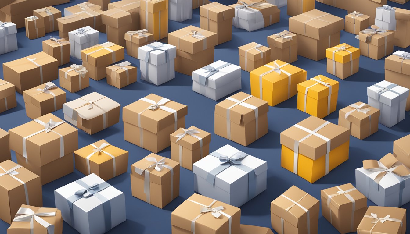 A pile of corporate gifts being packed into boxes for shipping. AXXEL MARKETING PTE LTD logo visible on packaging