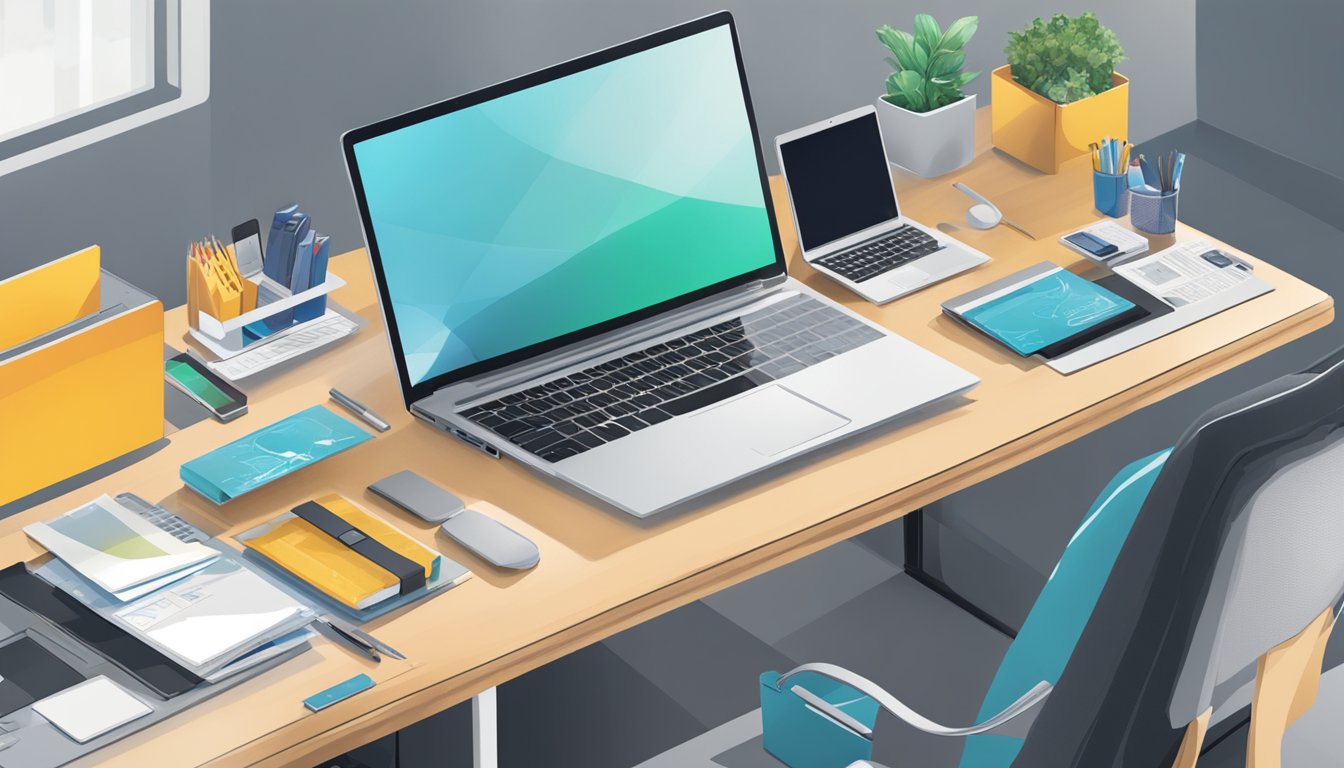 A desk with corporate gifts on display, a laptop showing AXXEL MARKETING PTE LTD website, and a customer service representative assisting a client over the phone