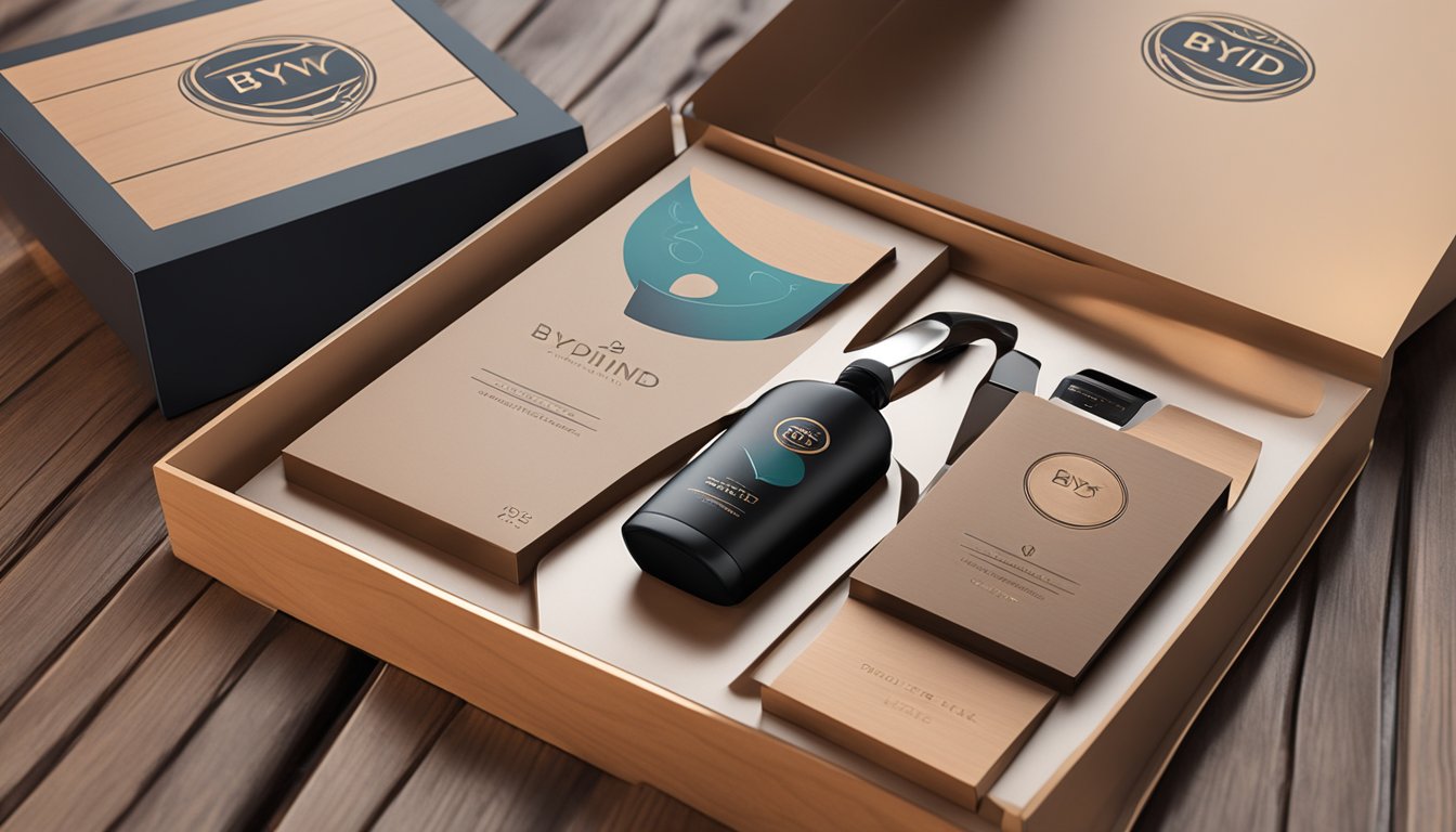 A sleek corporate gift set displayed on a polished wooden table with the Bynd Artisan logo prominently embossed on the packaging