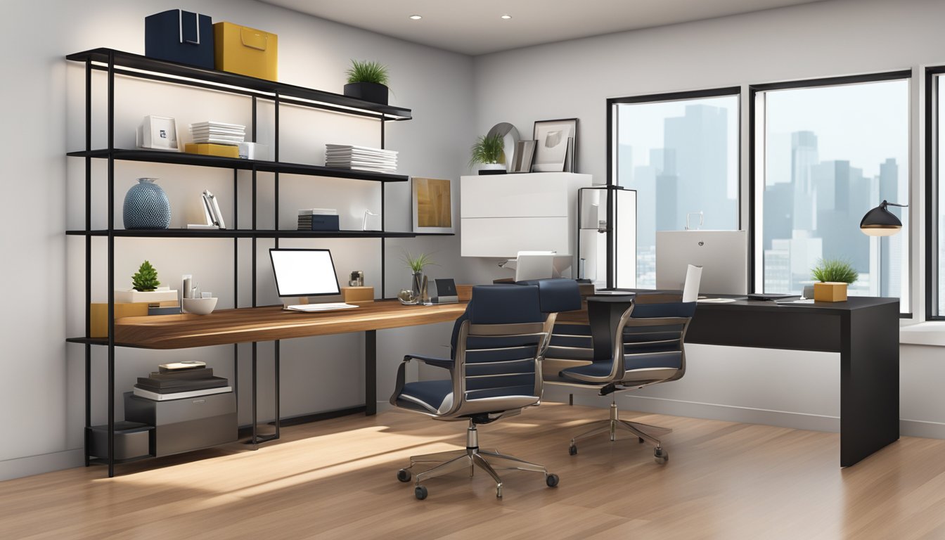 A sleek, modern office space with elegant corporate gifts displayed on polished wooden shelves. The company's logo is prominently featured, exuding professionalism and sophistication