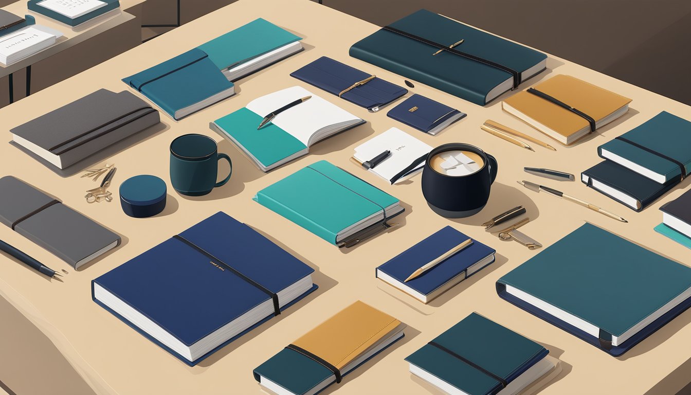 A table filled with elegant corporate gifts, including leather-bound notebooks, custom stationery, and artisanal pens, displayed in a sleek and modern showroom