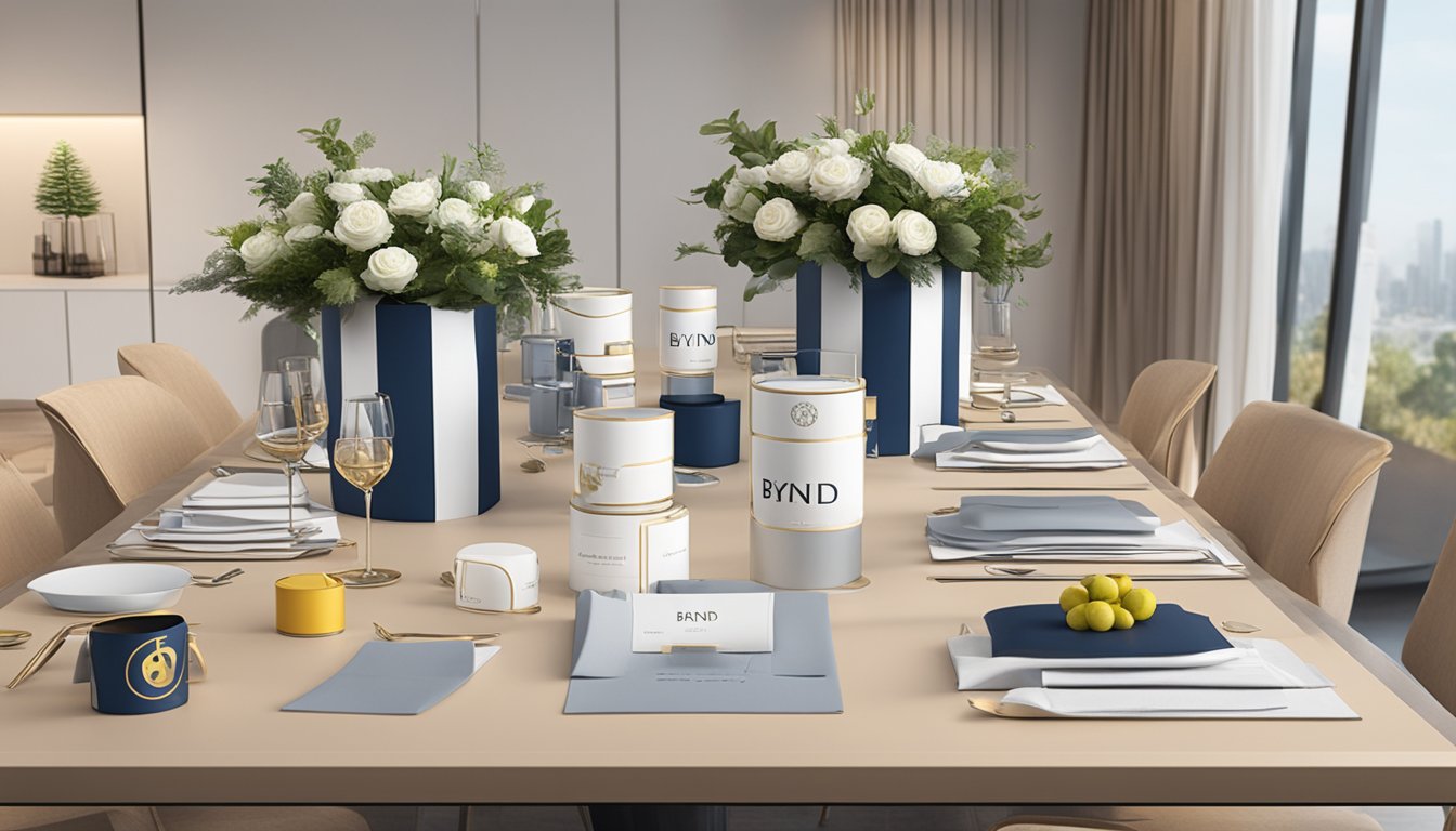 A table with elegant corporate gifts displayed, with price tags and value indicators. The Bynd Artisan Pte Ltd logo prominently featured