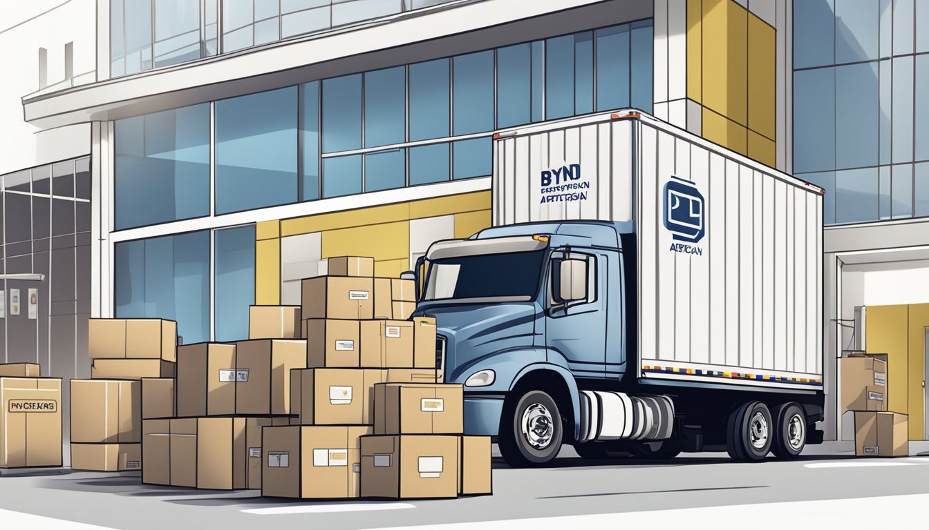 A package is being loaded onto a delivery truck outside the Bynd Artisan Pte Ltd corporate office. The truck is labeled with the company's logo and is surrounded by shipping boxes