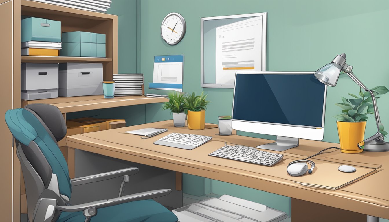 A desk with a computer, phone, and corporate gifts displayed. Company logo and customer service sign in the background
