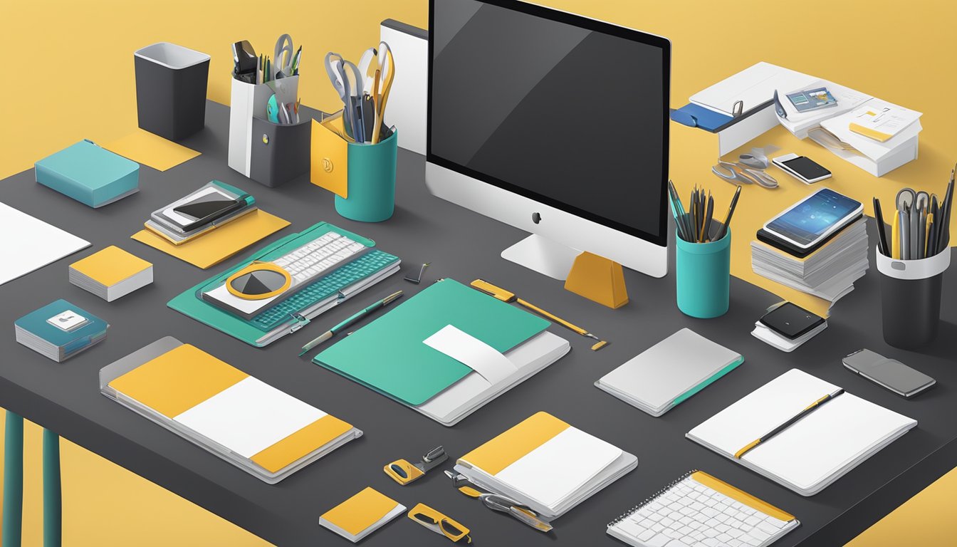 A table adorned with various corporate gifts, including branded stationery and tech accessories, displayed in an organized and professional manner