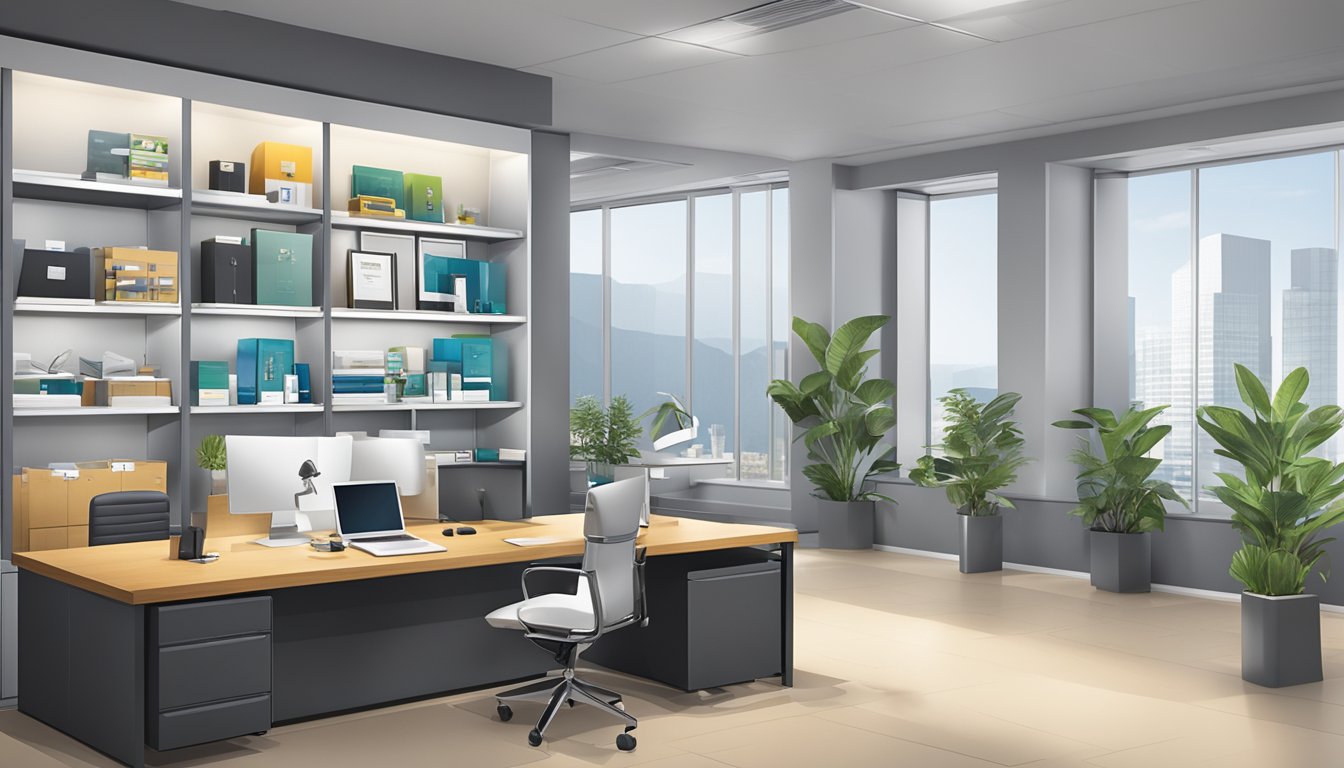 A sleek, modern office space with the company logo prominently displayed on the wall. A variety of high-quality corporate gifts are neatly arranged on shelves and display tables, showcasing the company's expertise in the industry