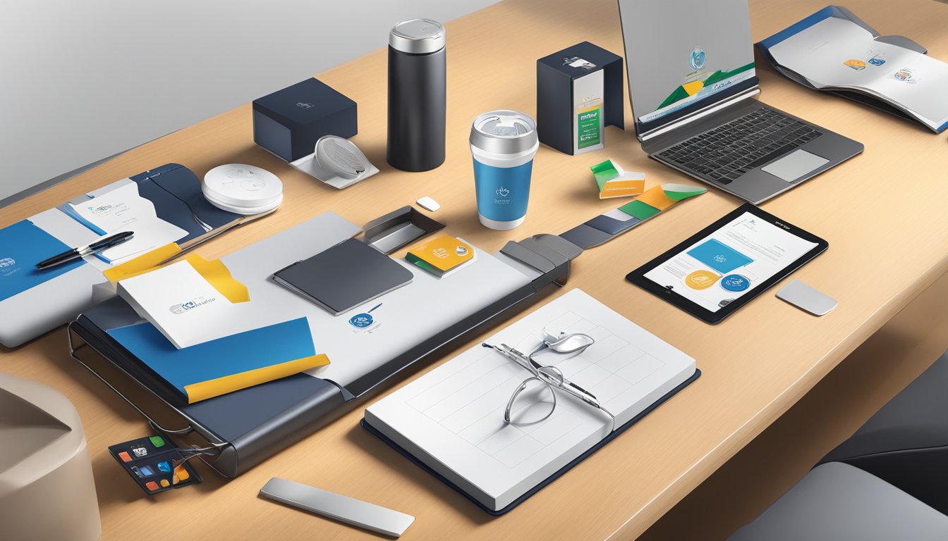 A table with various corporate gift items displayed, including branded products and promotional items, with pricing and value tags visible