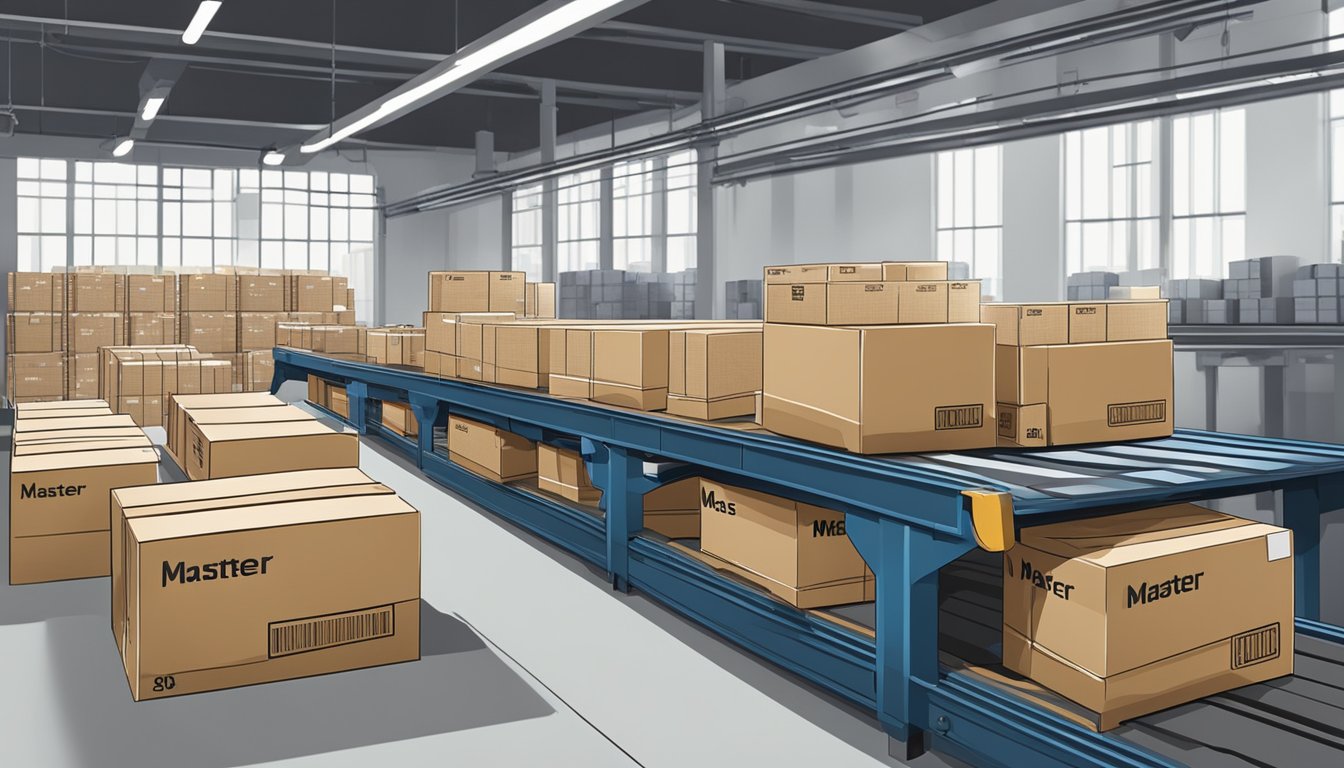 A stack of corporate gift boxes labeled "Master Pte Ltd" sits on a conveyor belt, ready for shipping. The warehouse is bustling with workers preparing packages for delivery