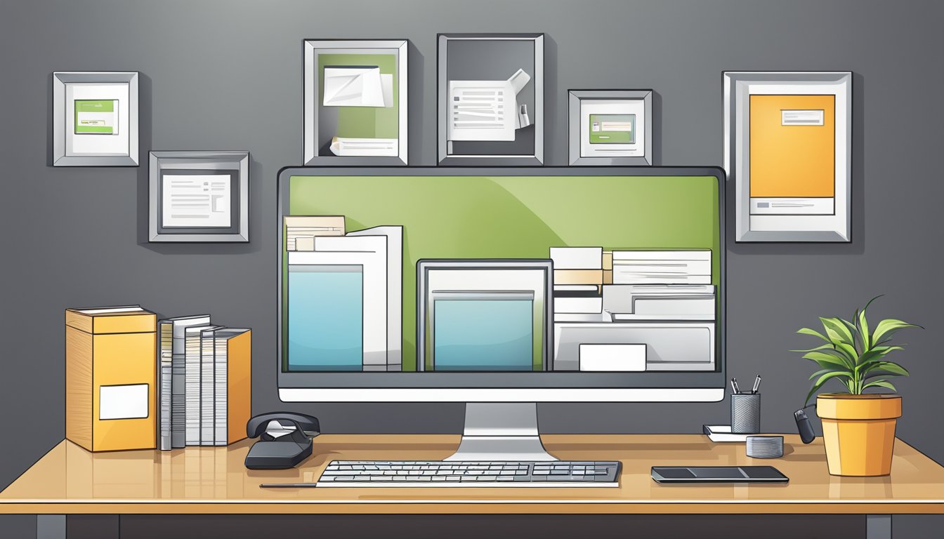 An office desk with a computer, phone, and corporate gift samples displayed. Company logo on the wall. Professional and organized setting