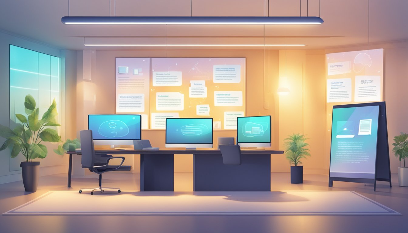 A collection of glowing customer testimonials and reviews displayed on a sleek digital screen, surrounded by elegant corporate gifts in a tastefully decorated office setting