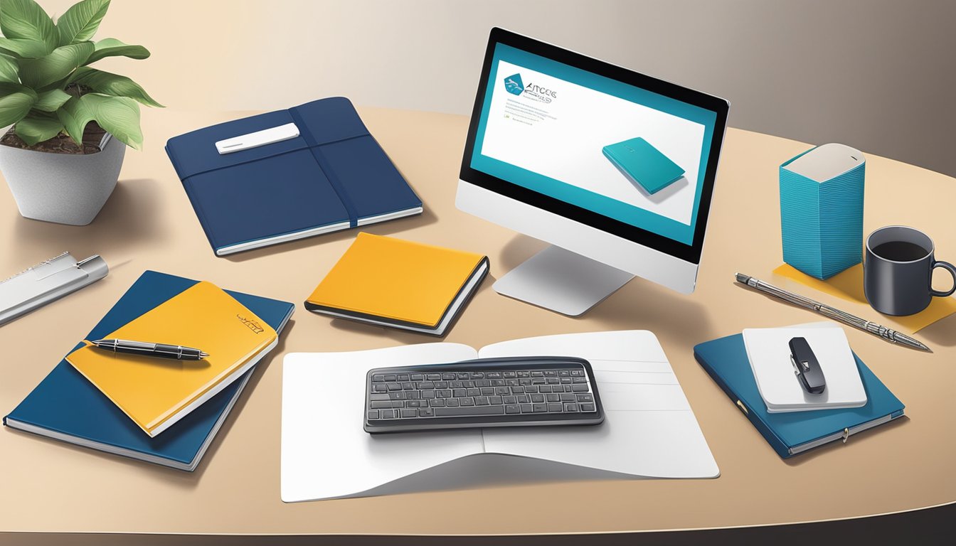 A sleek office desk adorned with branded corporate gifts from AXTROGifts.com, including elegant pens, stylish notebooks, and premium tech accessories