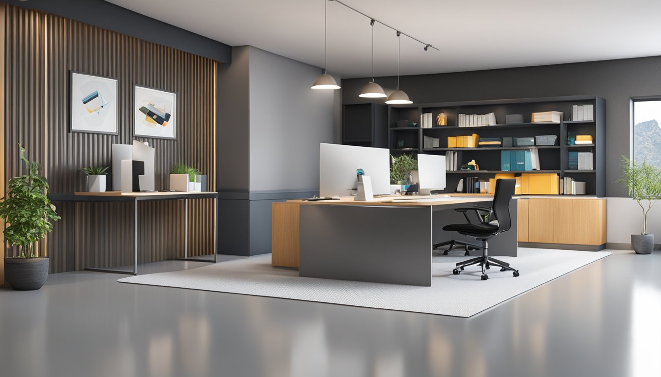 A sleek and modern office setting with the AXTROGifts.com logo prominently displayed on the wall. A professional atmosphere with corporate gifts on display