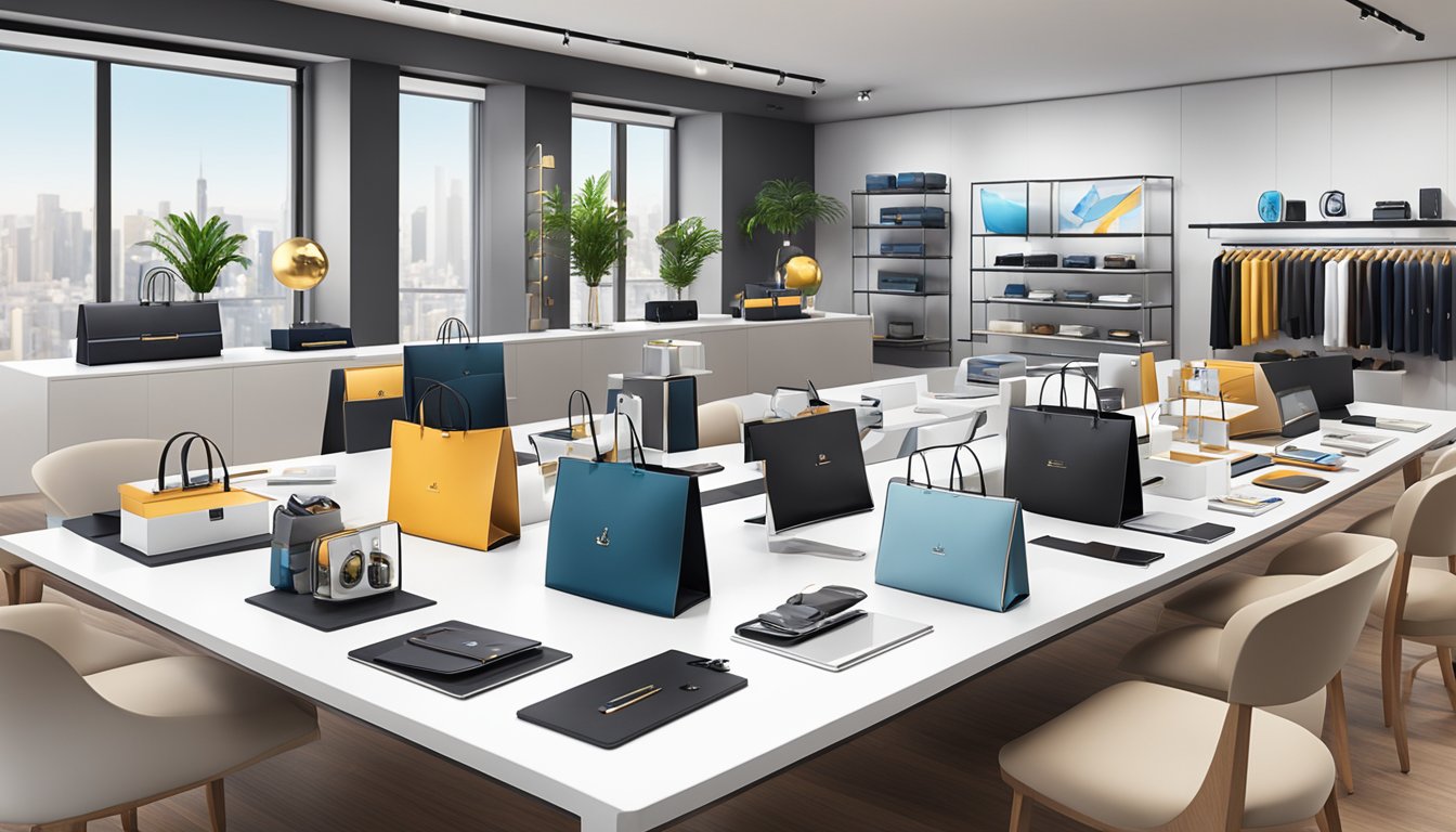 A table adorned with a variety of corporate gifts, including branded merchandise, tech gadgets, and luxury items, displayed in a sleek and modern showroom