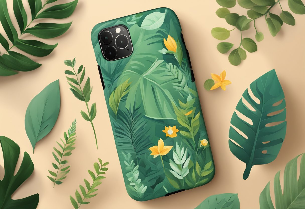 A hand holding a biodegradable phone case, surrounded by greenery and natural elements. The case is being gently placed on a wooden surface, with a recycling symbol nearby