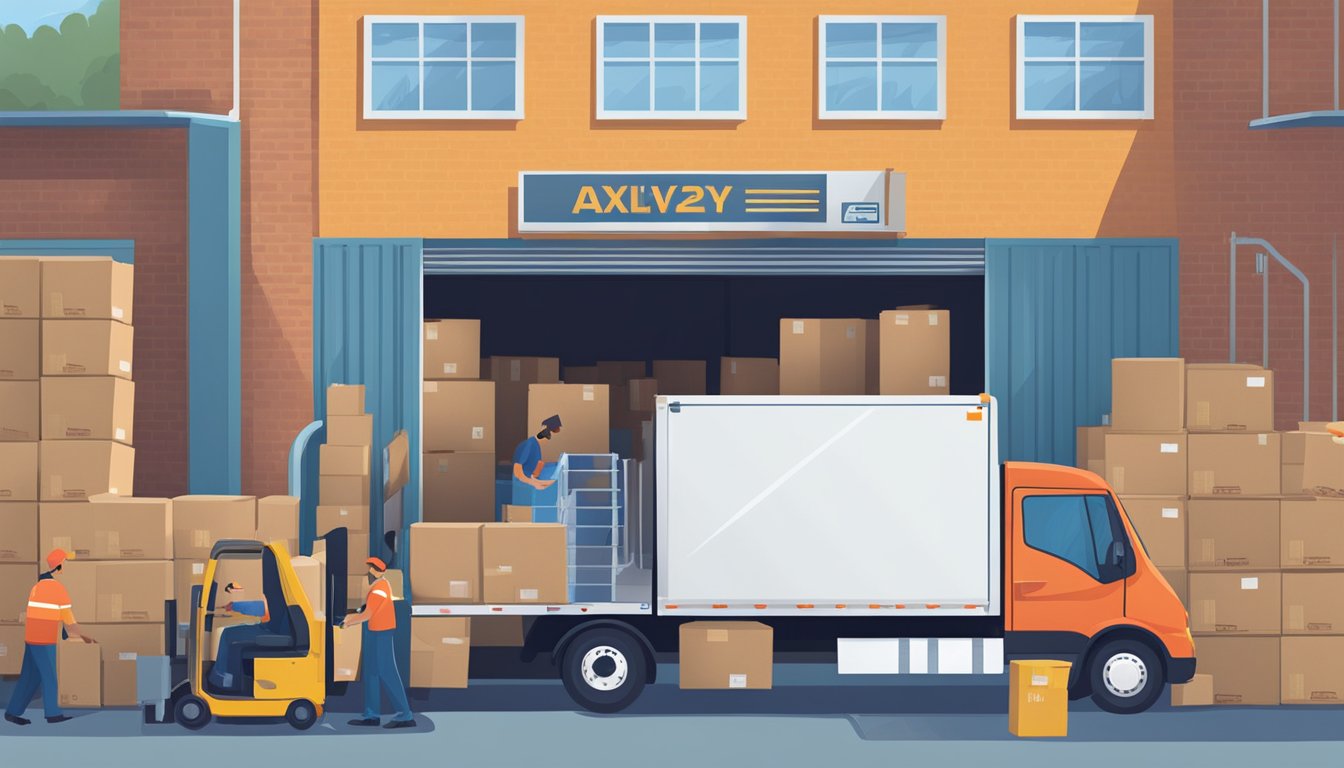 A delivery truck parked outside AXTROGifts.com warehouse, with workers loading boxes onto a conveyor belt. The warehouse is bustling with activity as packages are prepared for shipping