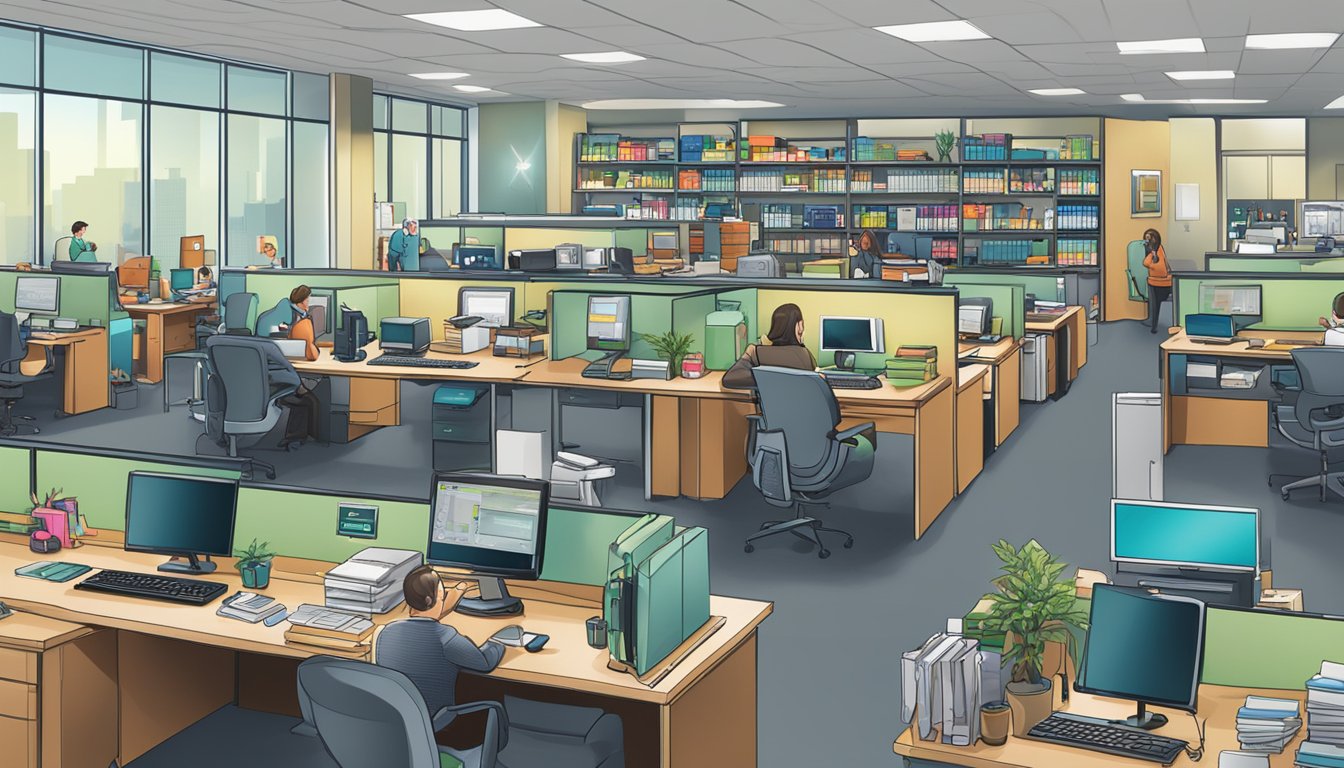 A busy office with employees answering phones and typing on computers, shelves filled with corporate gifts, and a logo with "AXTROGifts.com" displayed prominently