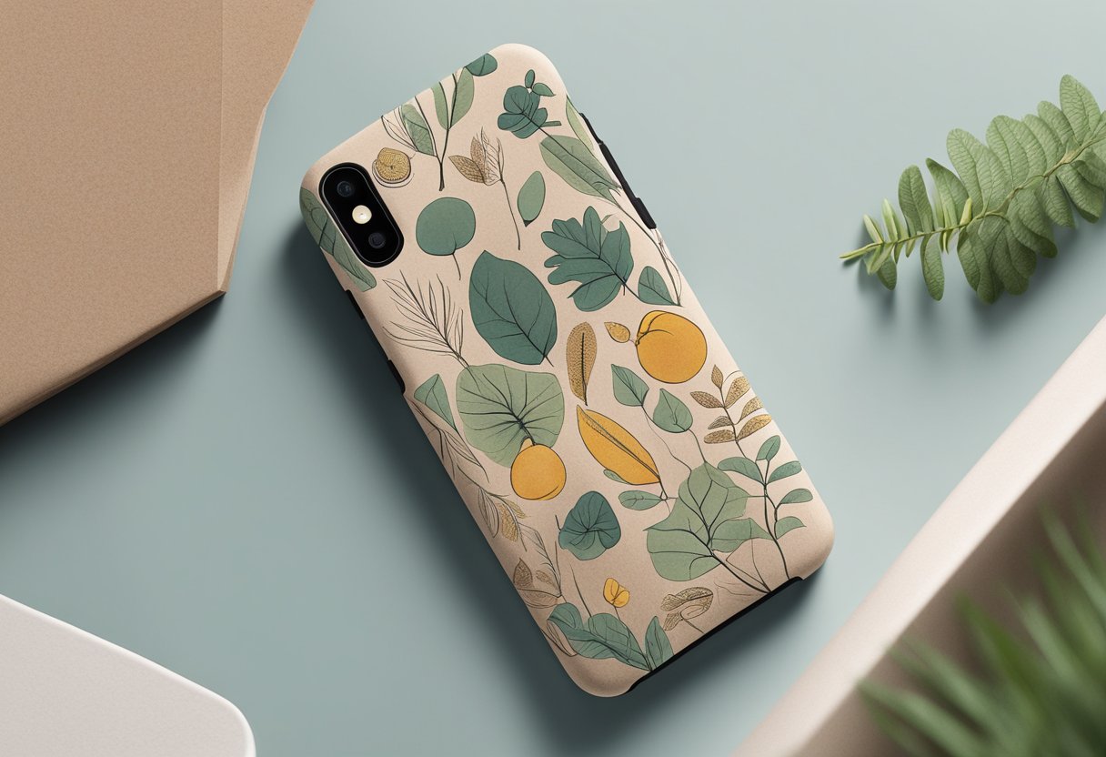 A phone case made of biodegradable materials, featuring a sleek and modern design with earthy tones. The packaging showcases eco-friendly messaging