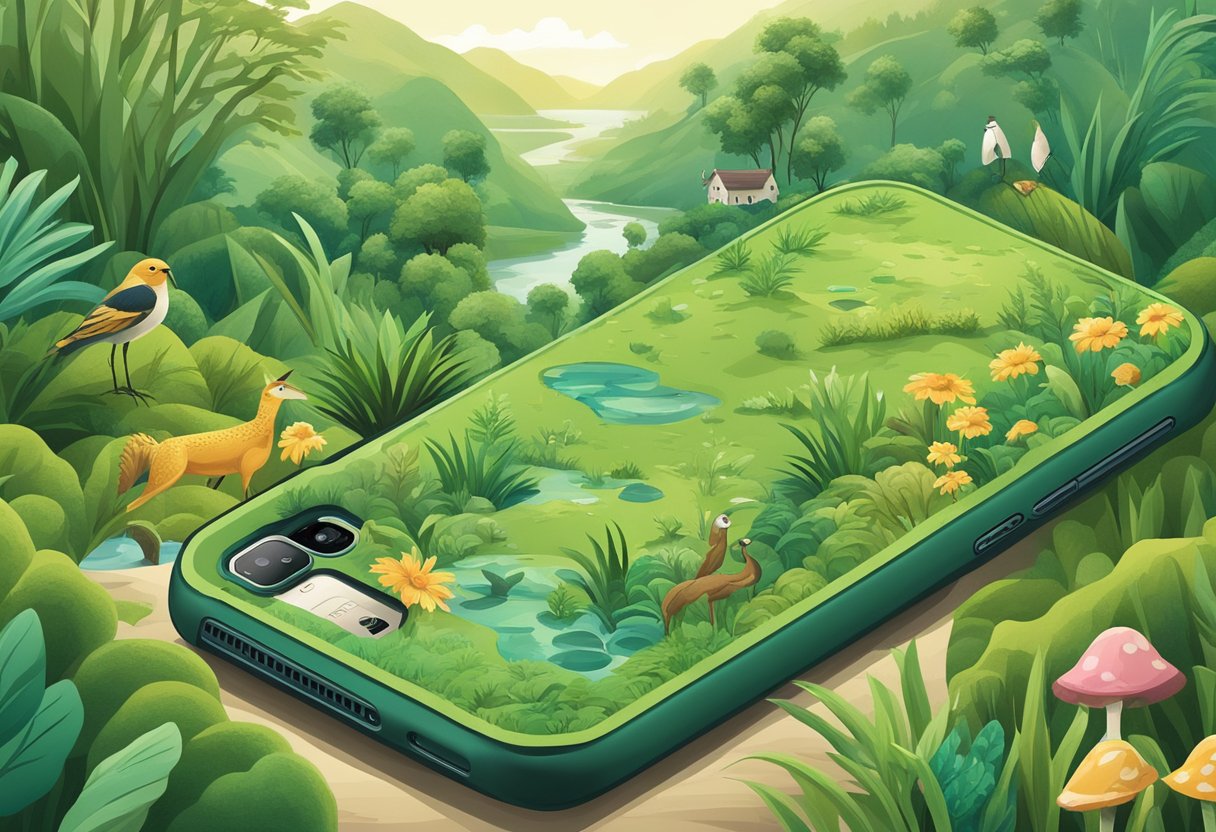 A biodegradable phone case decomposes in a lush, green landscape, surrounded by wildlife and a diverse community, symbolizing positive impact on the environment and society