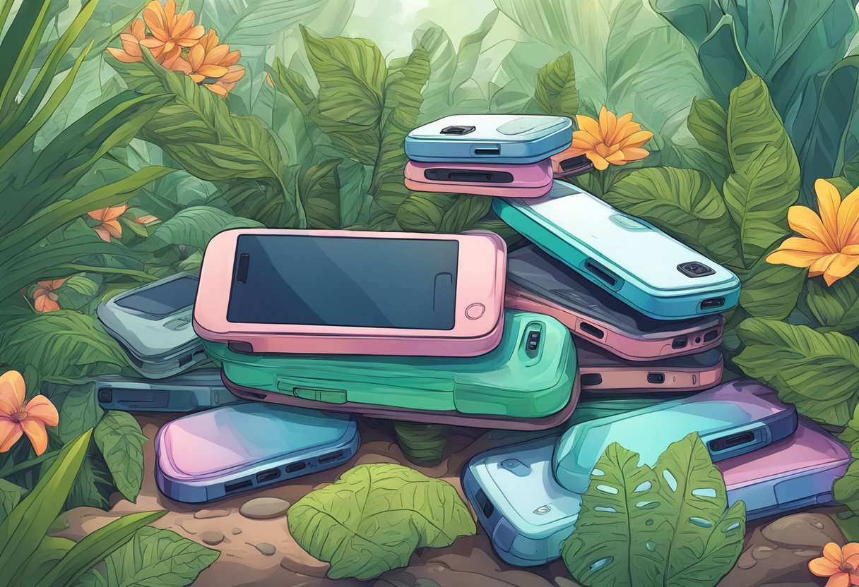 A pile of discarded plastic phone cases surrounded by thriving plant life