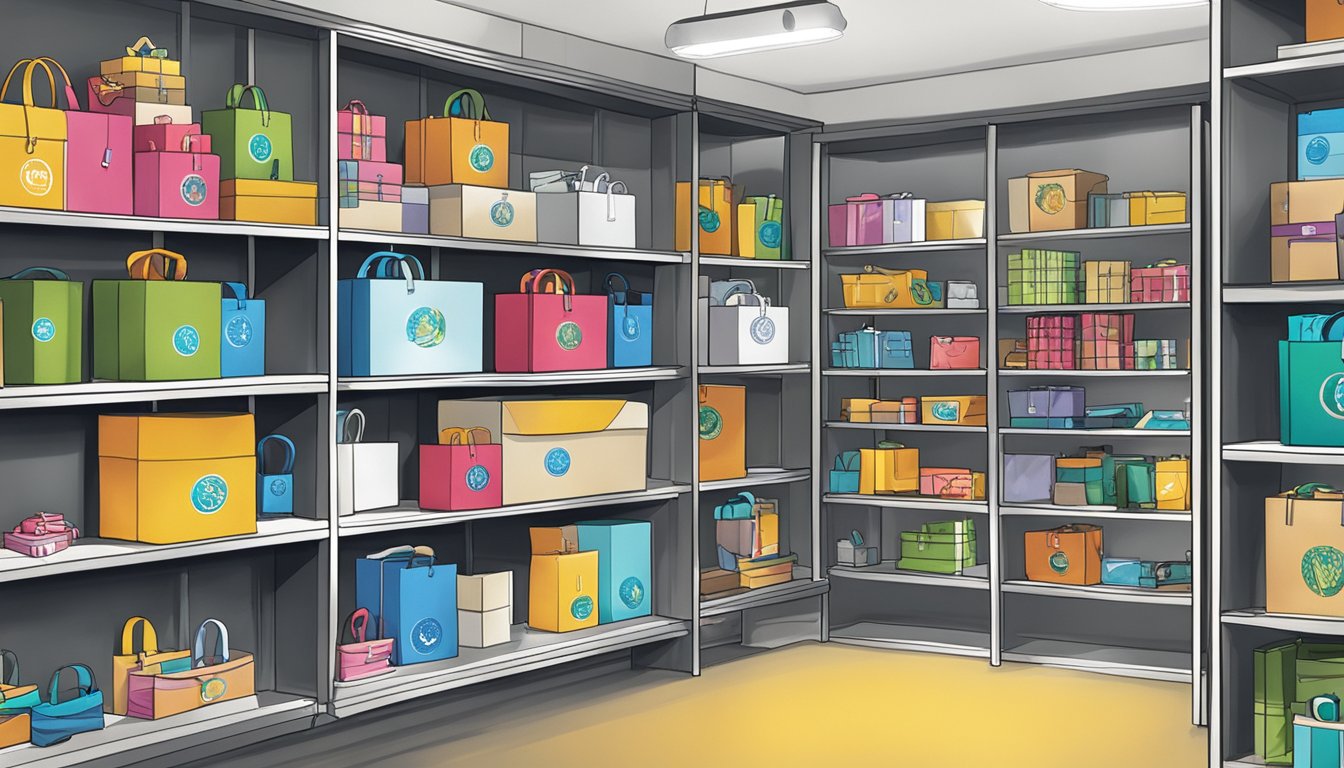 A variety of corporate gifts displayed on shelves with Thann logo in the background