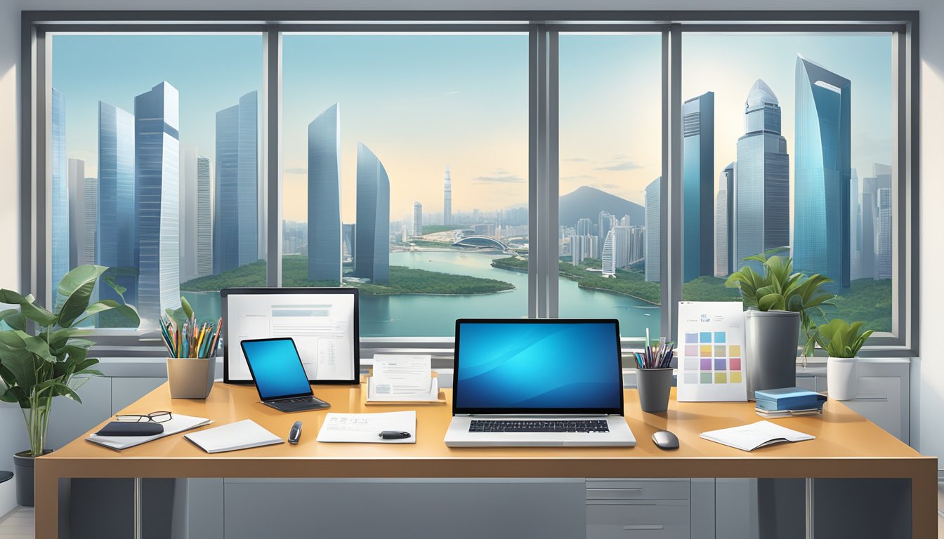 A sleek office desk with branded corporate gifts neatly arranged, Singapore skyline visible through window