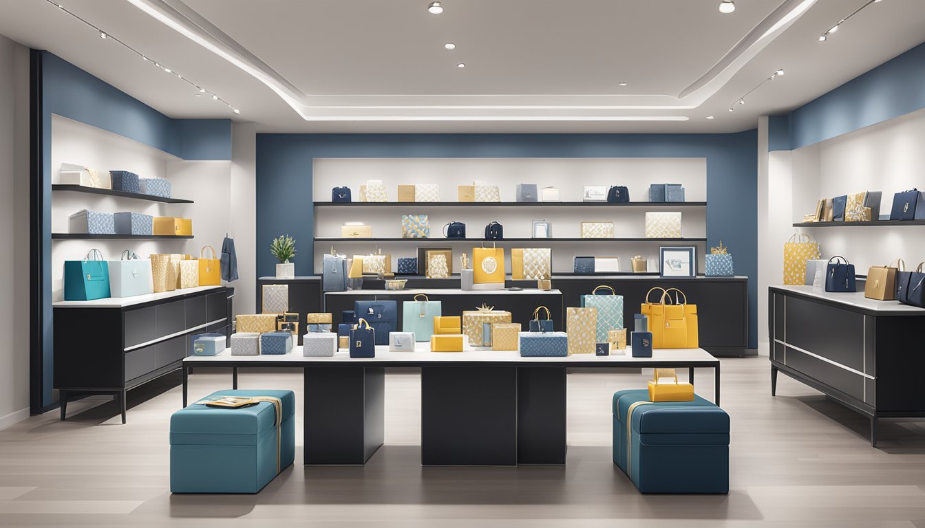 A table filled with a variety of corporate gifts, including branded merchandise, elegant stationery, and luxurious gift sets, displayed in a sleek and modern showroom setting
