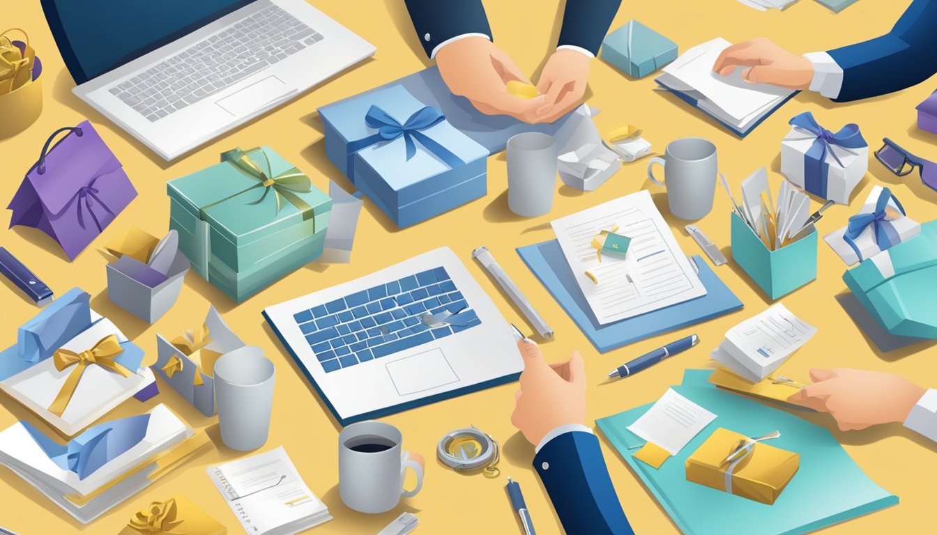 A table with elegant corporate gifts displayed, surrounded by satisfied customers reviewing the high value and competitive pricing