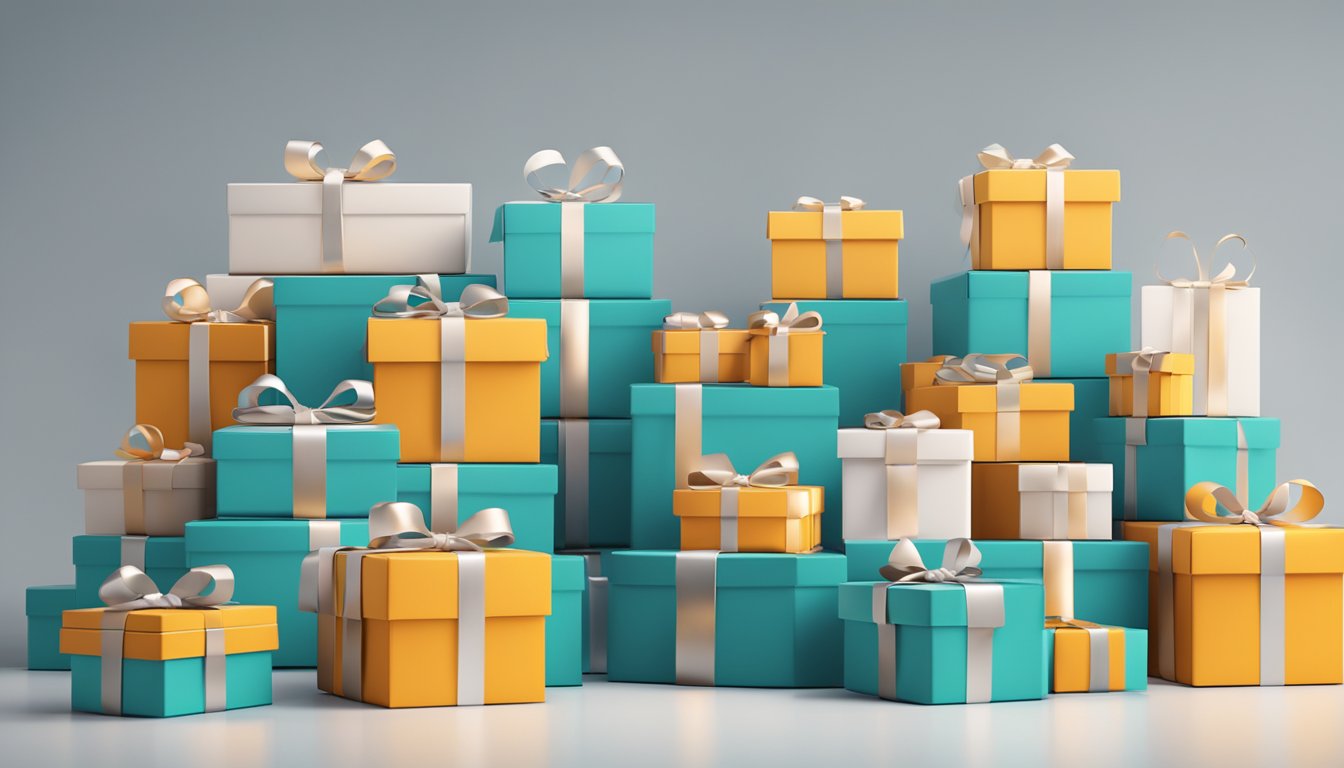 A stack of branded gift boxes sits on a conveyor belt, ready for shipment. The corporate logo is prominently displayed on each box
