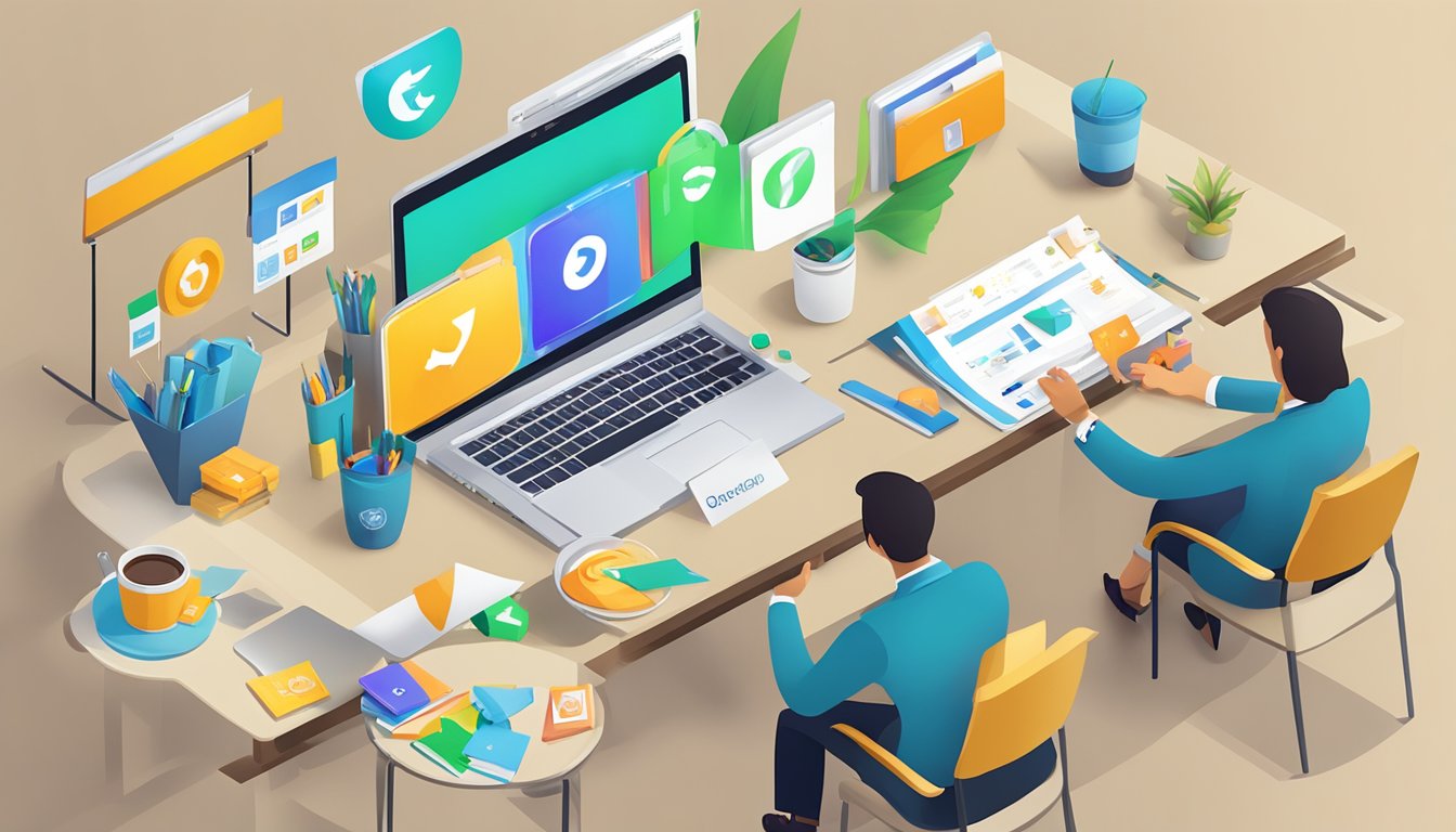 A table with branded corporate gifts, a laptop displaying positive reviews, and a customer service representative assisting a client