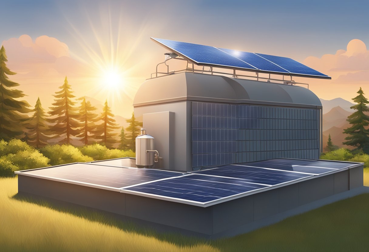 A rooftop with solar panels connected to a water tank. The sun shines brightly as the panels absorb the energy to heat the water inside the tank