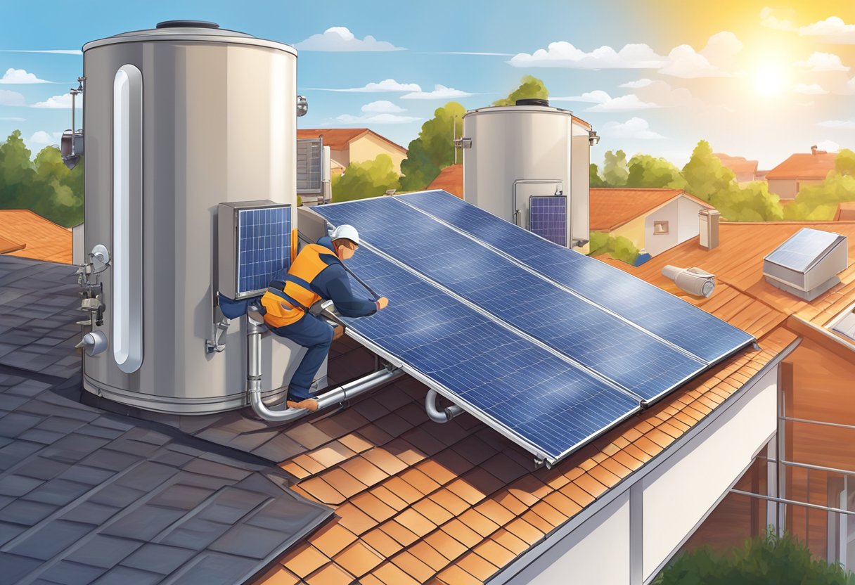 A technician installs solar water heaters on a rooftop, connecting pipes and securing panels under the bright sun