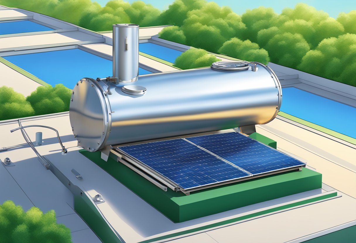 A solar water heater sits on a rooftop, surrounded by clear blue skies and lush green trees. It provides hot water while reducing carbon emissions