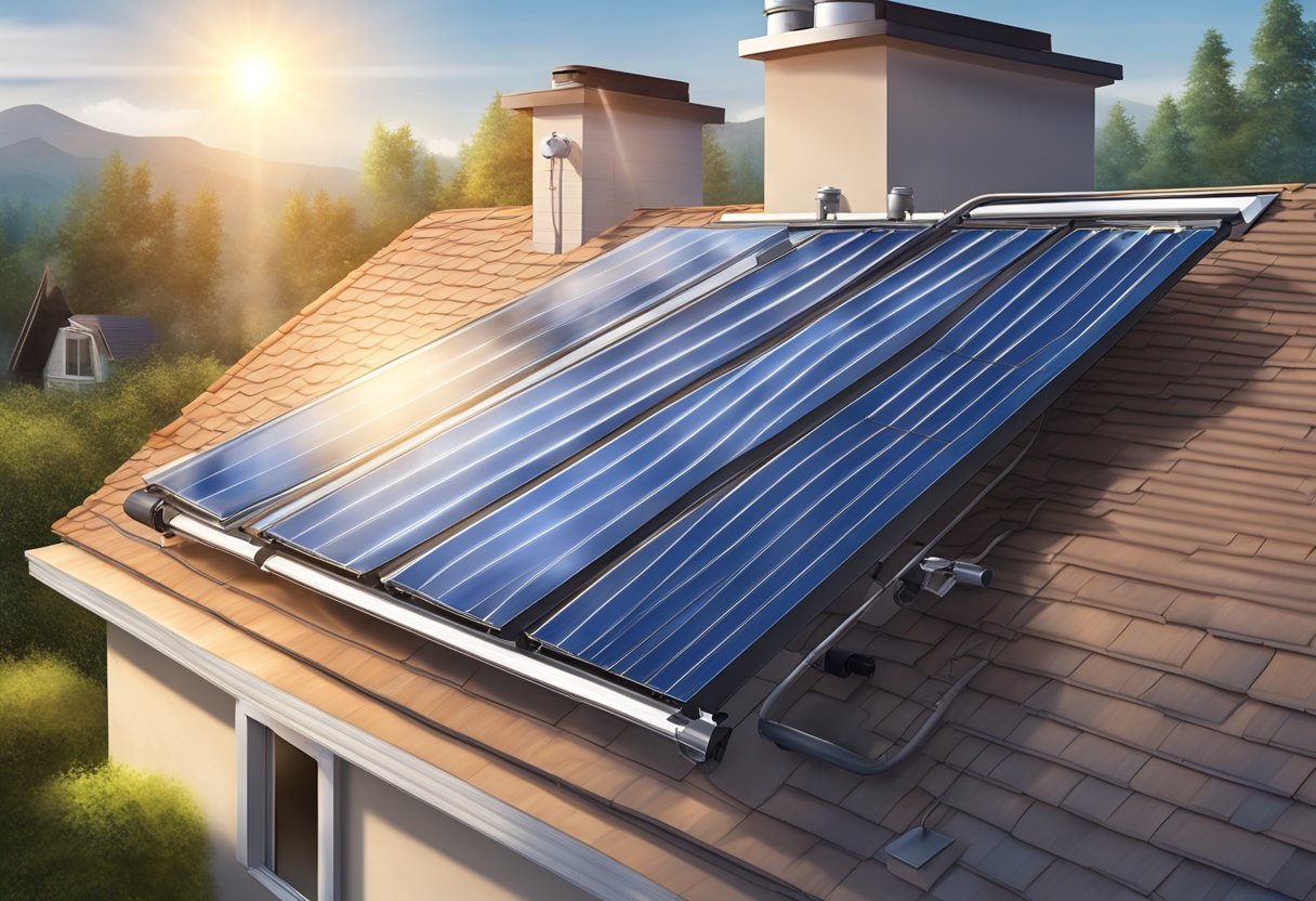 A solar water heater is installed on the roof of a house, with sunlight shining down on it, and hot water flowing out of the system into a storage tank