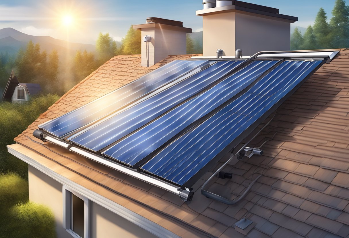 Solar Water Heaters: Efficient Solutions for Sustainable Living 5 A solar water heater is installed on the roof of a house, with sunlight shining down on it, and hot water flowing out of the system into a storage tank
