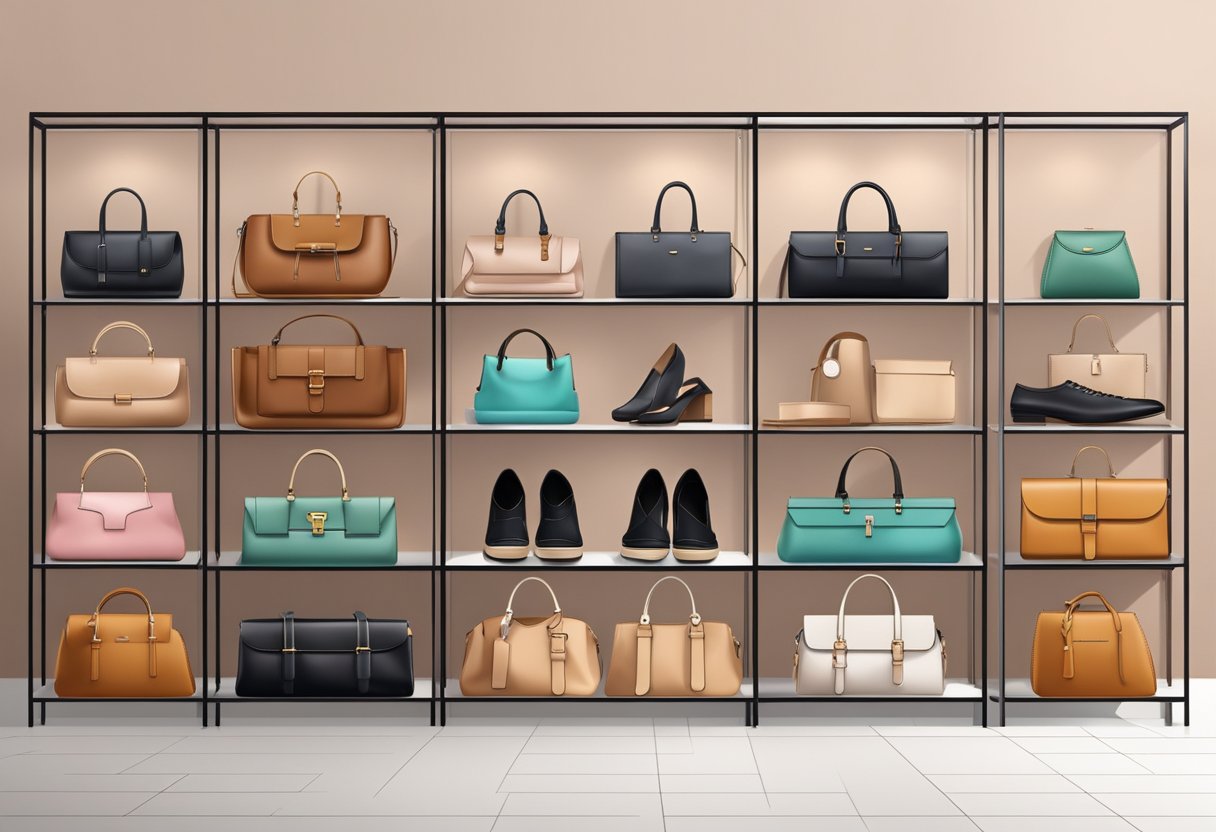 A display of trendy vegan leather products on a sleek, modern shelf. Bags, shoes, and accessories in various colors and styles