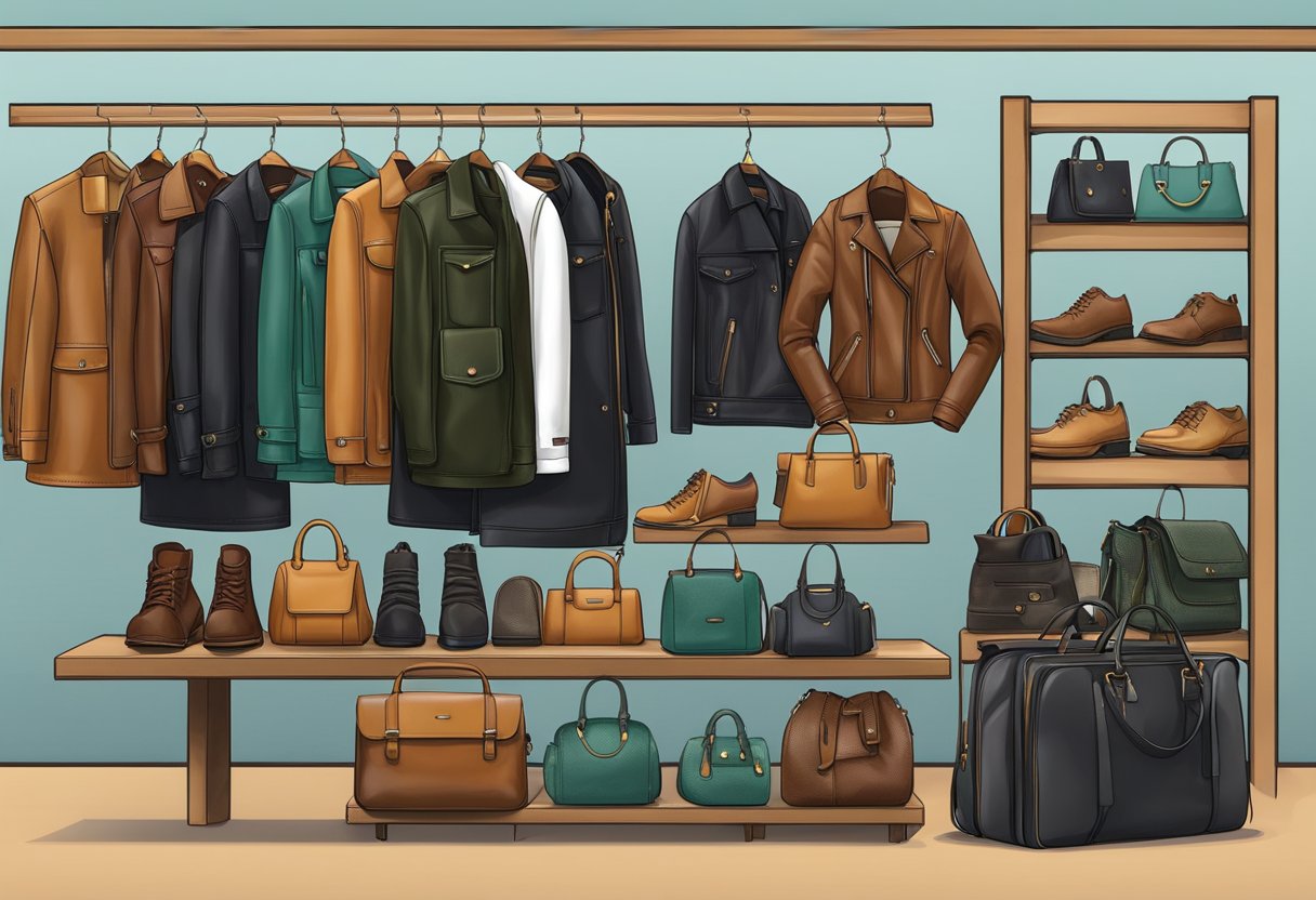 A variety of vegan leather products displayed on a shelf, including bags, shoes, and jackets. A "Vegan Leather" sign is prominently featured